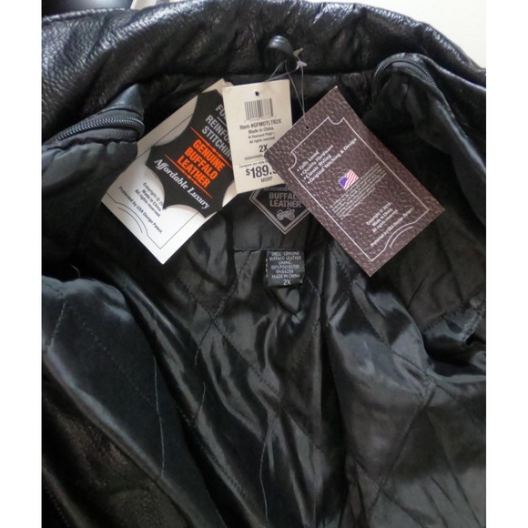 Diamond Plate Buffalo Leather Jacket Mens 2XL Black Eagle USA Patch Motorcycle - Picture 7 of 13